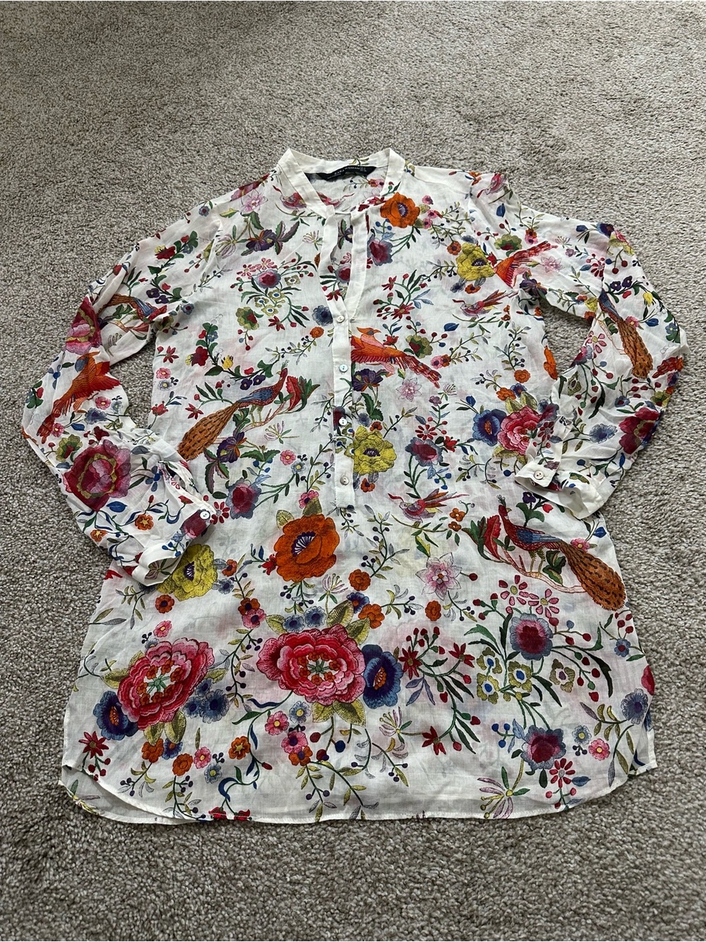 Zara Woman Exotic Peacock Floral Tunic Blouse Size Small S